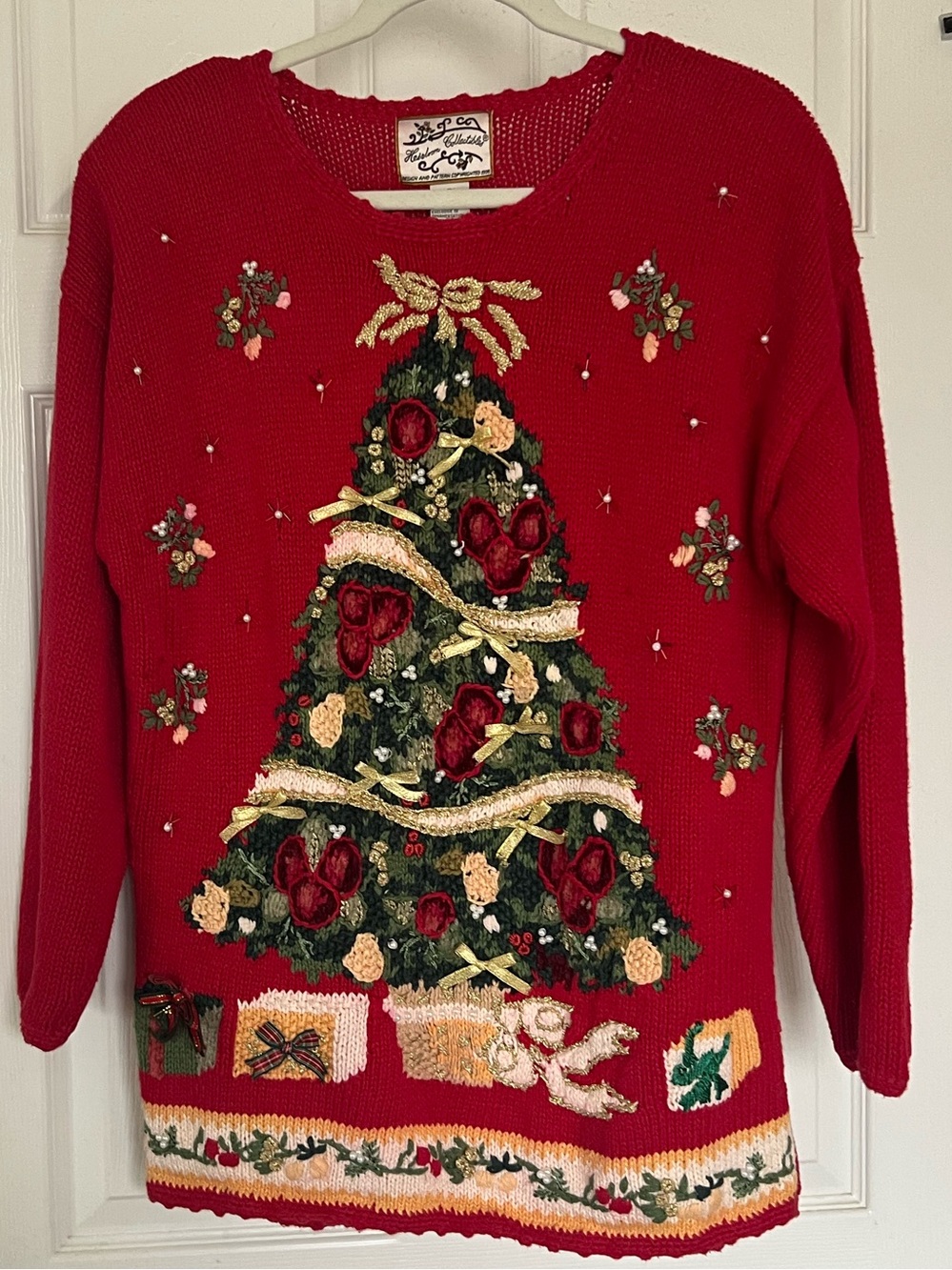 Vintage Heirloom Collectibles 3D Christmas Tree Ugly Sweater Red Beaded M